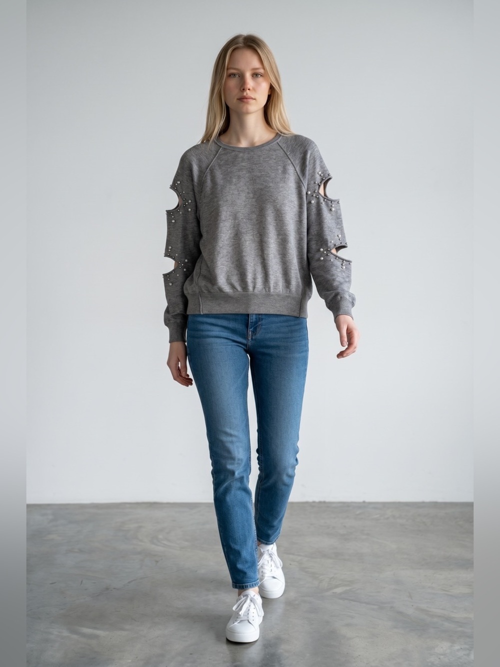 Elan Gray Crewneck Sweatshirt with Cutout Pearl-Studded Sleeves
